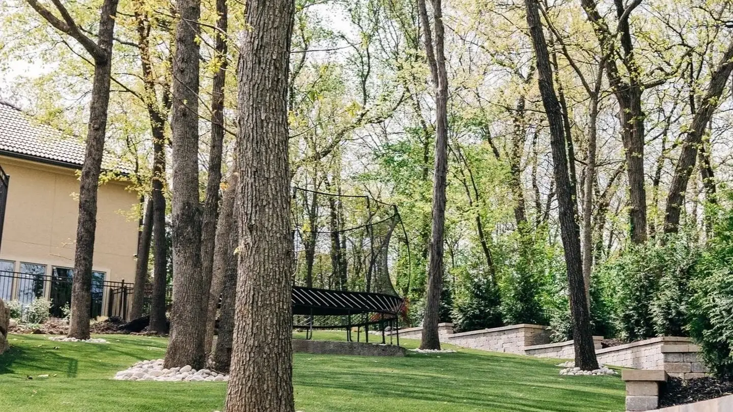 Mature hardwoods over a maintained lawn in northeast Kansas