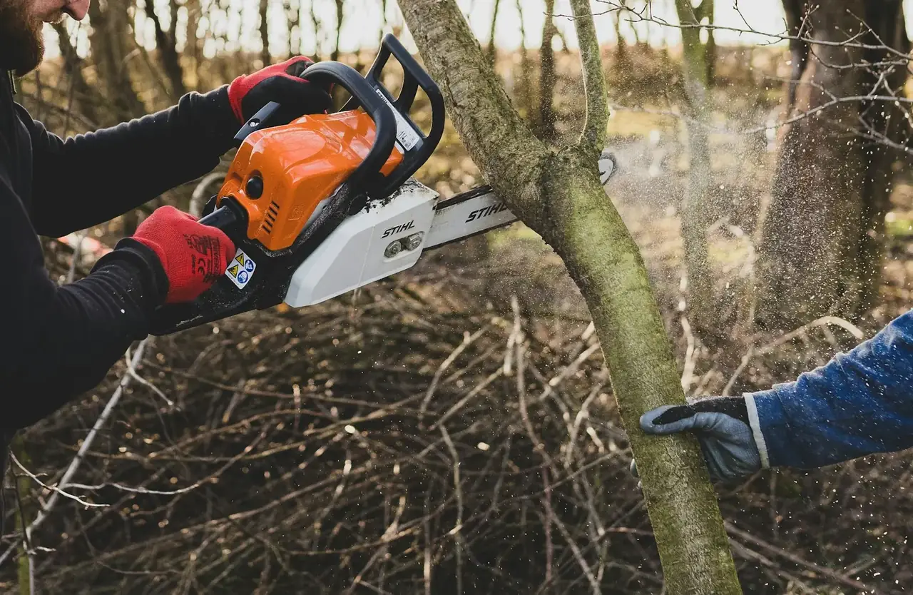 Gloved hands guiding an orange chainsaw through a limb during brush cutting