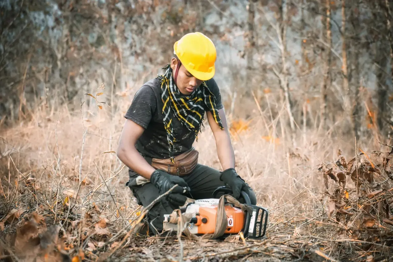 Sawyer in a helmet with face screen and ear protection checking his chainsaw before a cut