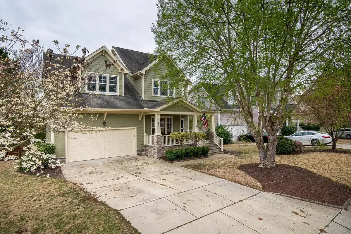 Suburban house and driveway shaded by a large established front-yard tree